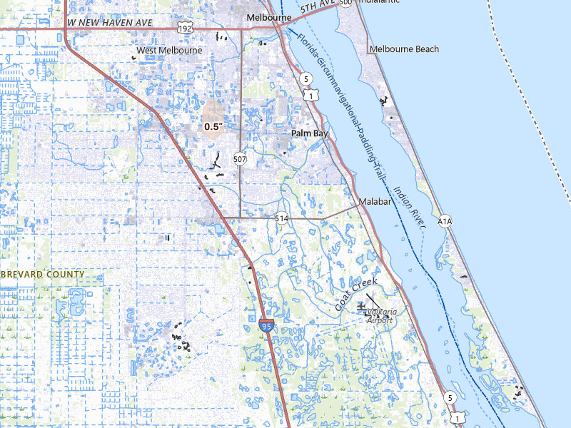 Radar-estimated hail-size map of the storm over Malabar, FL on Mar 16, 2026