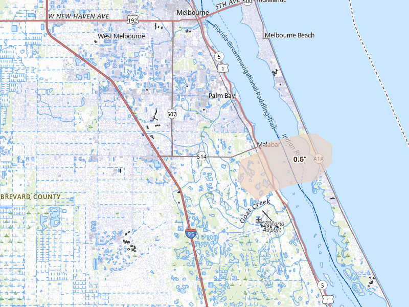 Radar-estimated hail-size map of the storm over Malabar, FL on Jun 16, 2026