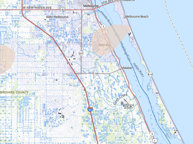 Radar-estimated hail-size map of the storm over Malabar, FL on Jun 19, 2026