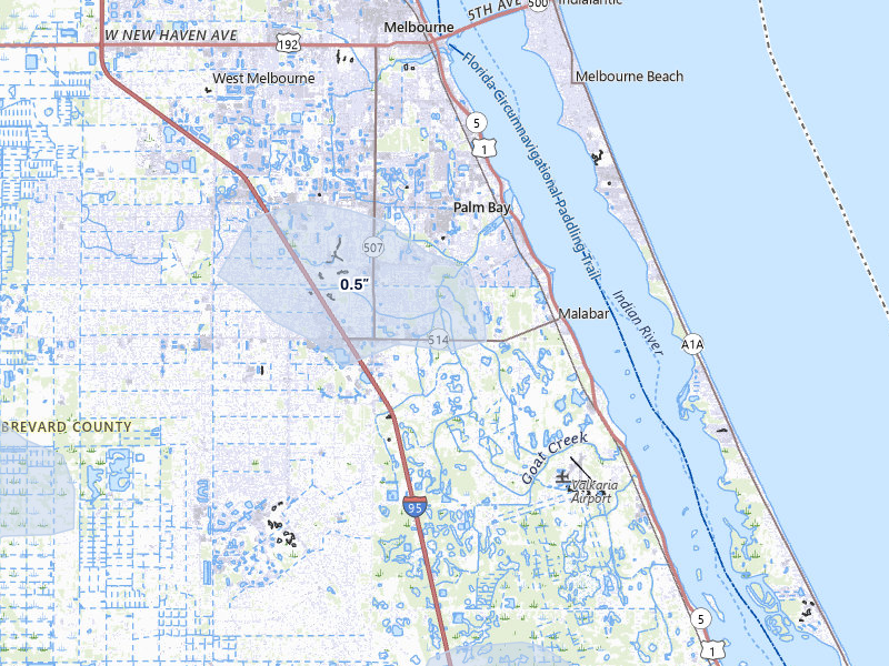 NEXRAD radar-signature map of the hail storm over Malabar, FL on Jul 5, 2026