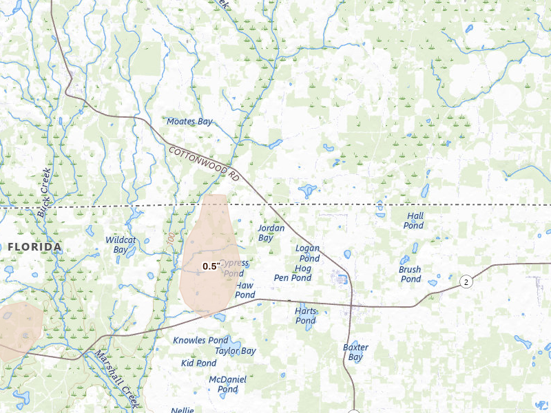 Radar-estimated hail-size map of the storm over Malone, FL on Aug 19, 2026