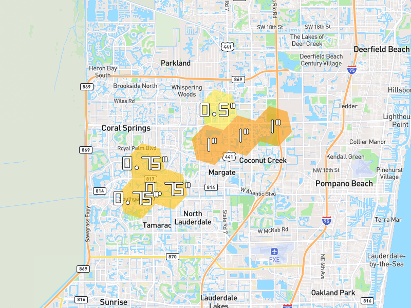 Hail map of Margate, FL on Jul 25, 2026, hail up to 1"
