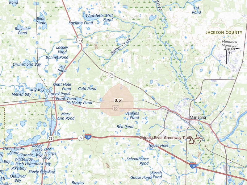 Radar-estimated hail-size map of the storm over Marianna, FL on Apr 1, 2026