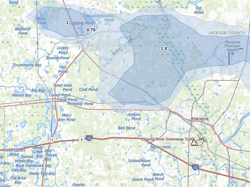NEXRAD radar-signature map of the hail storm over Marianna, FL on May 8, 2026