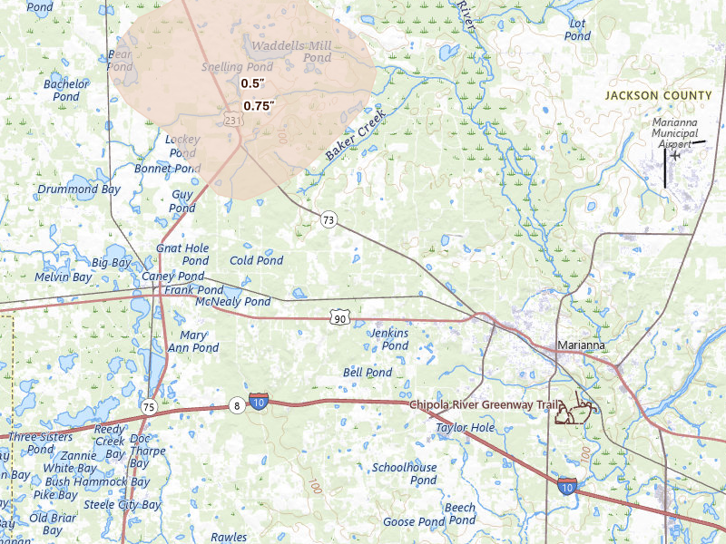 Radar-estimated hail-size map of the storm over Marianna, FL on Jun 1, 2026