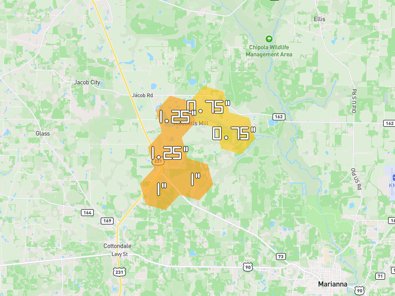 Hail map of Marianna, FL on Jun 2, 2026, hail up to 1.25"