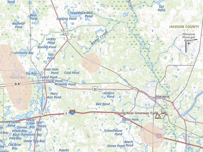 Radar-estimated hail-size map of the storm over Marianna, FL on Jul 29, 2026
