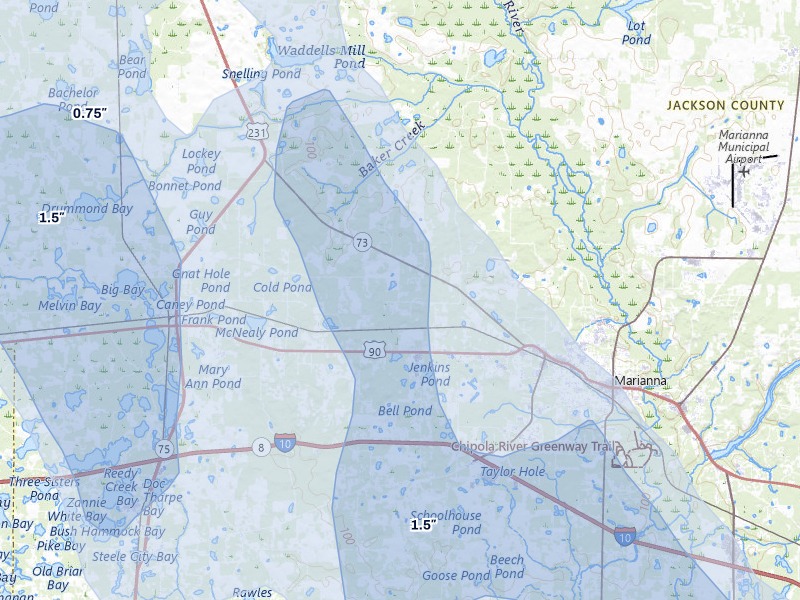 NEXRAD radar-signature map of the hail storm over Marianna, FL on Jul 29, 2026