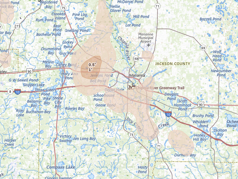 Radar-estimated hail-size map of the storm over Marianna, FL on Aug 18, 2026