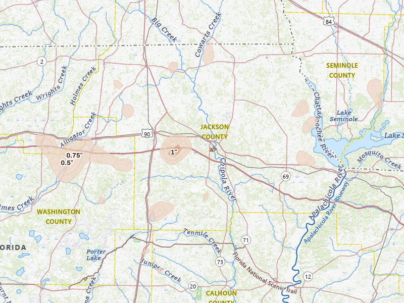 Radar-estimated hail-size map of the storm over Marianna, FL on Aug 19, 2026
