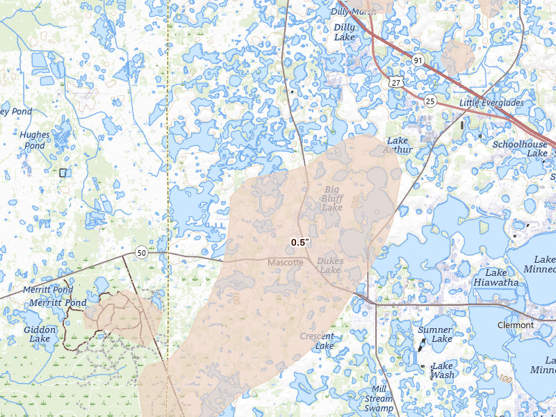 Radar-estimated hail-size map of the storm over Mascotte, FL on May 23, 2026
