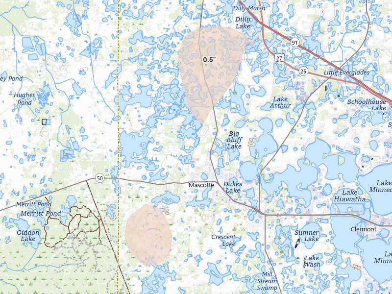 Radar-estimated hail-size map of the storm over Mascotte, FL on Aug 8, 2026