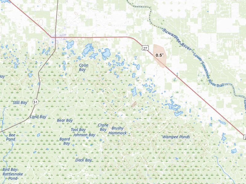 Radar-estimated hail-size map of the storm over Mayo, FL on Mar 15, 2026