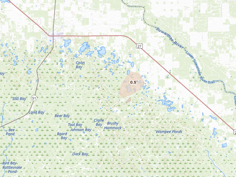 Radar-estimated hail-size map of the storm over Mayo, FL on Jun 23, 2026