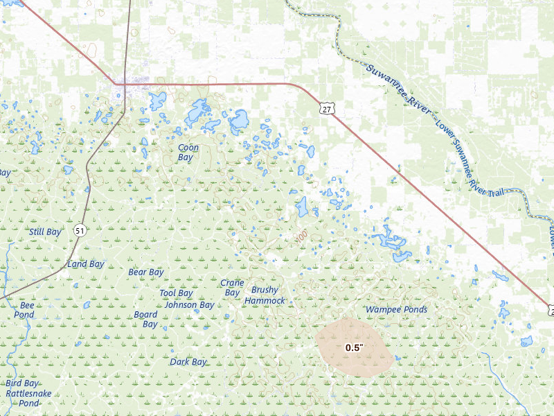 Radar-estimated hail-size map of the storm over Mayo, FL on Jul 29, 2026