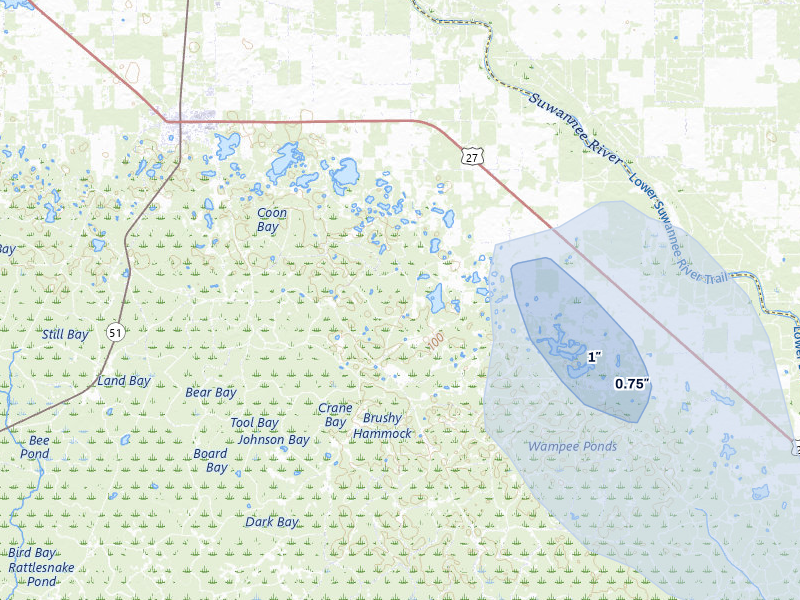 NEXRAD radar-signature map of the hail storm over Mayo, FL on Jul 29, 2026