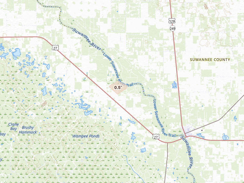 Radar-estimated hail-size map of the storm over Mayo, FL on Aug 13, 2026
