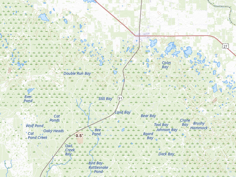 Radar-estimated hail-size map of the storm over Mayo, FL on Aug 18, 2026