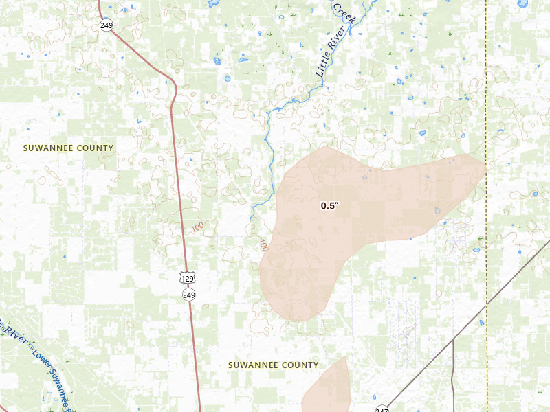 Radar-estimated hail-size map of the storm over Mc Alpin, FL on Jul 17, 2026