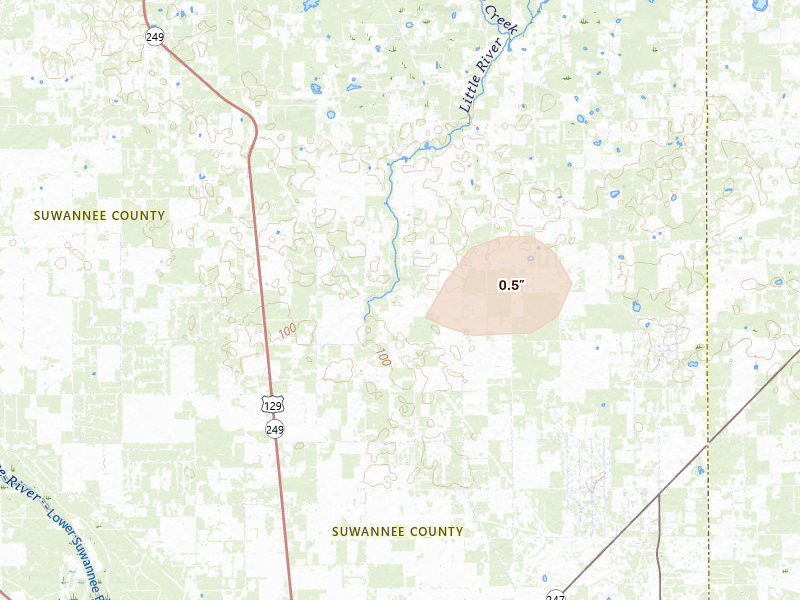 Radar-estimated hail-size map of the storm over Mc Alpin, FL on Aug 18, 2026