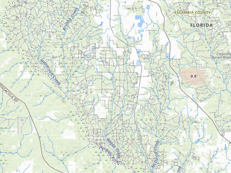 Radar-estimated hail-size map of the storm over Mc David, FL on May 7, 2026