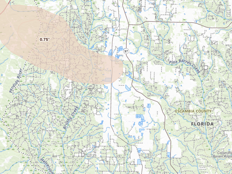 Radar-estimated hail-size map of the storm over Mc David, FL on Aug 24, 2026