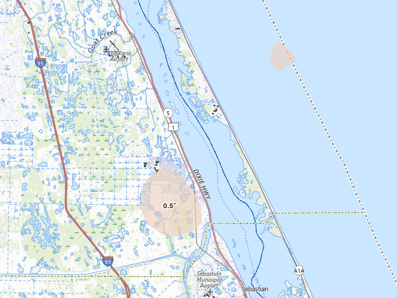 Radar-estimated hail-size map of the storm over Melbourne Beach, FL on Jul 17, 2026