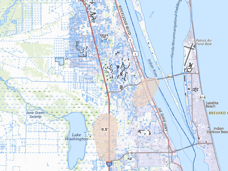 Radar-estimated hail-size map of the storm over Melbourne, FL on Mar 15, 2026
