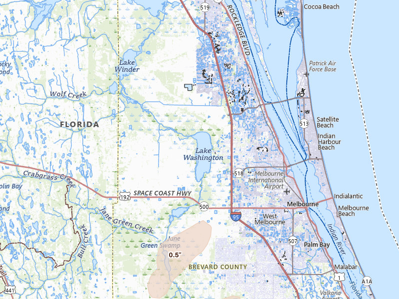 Radar-estimated hail-size map of the storm over Melbourne, FL on May 10, 2026