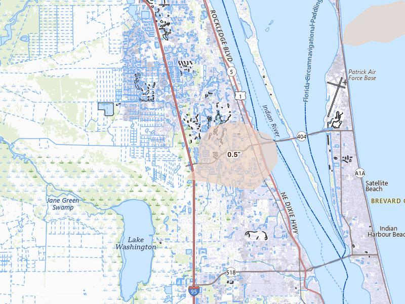 Radar-estimated hail-size map of the storm over Melbourne, FL on Jun 21, 2026
