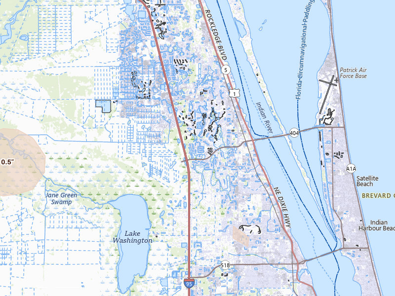 Radar-estimated hail-size map of the storm over Melbourne, FL on Jul 17, 2026