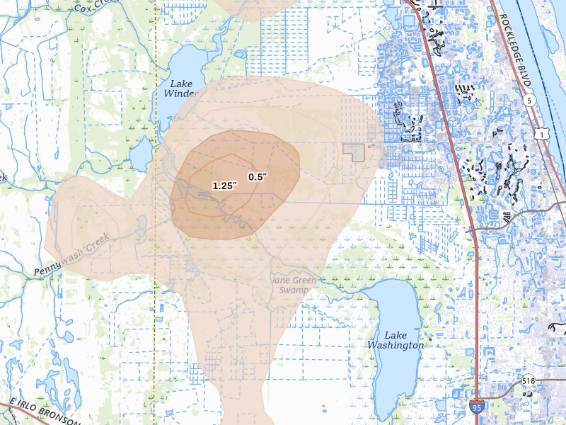 Radar-estimated hail-size map of the storm over Melbourne, FL on Aug 20, 2026