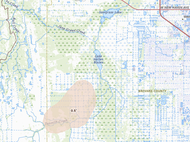 Radar-estimated hail-size map of the storm over Melbourne, FL on Aug 21, 2026