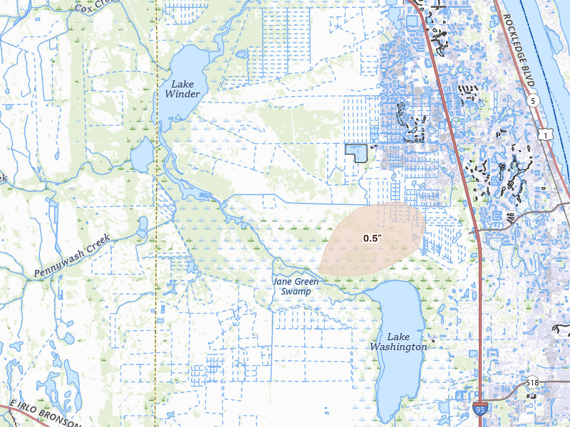 Radar-estimated hail-size map of the storm over Melbourne, FL on Aug 25, 2026