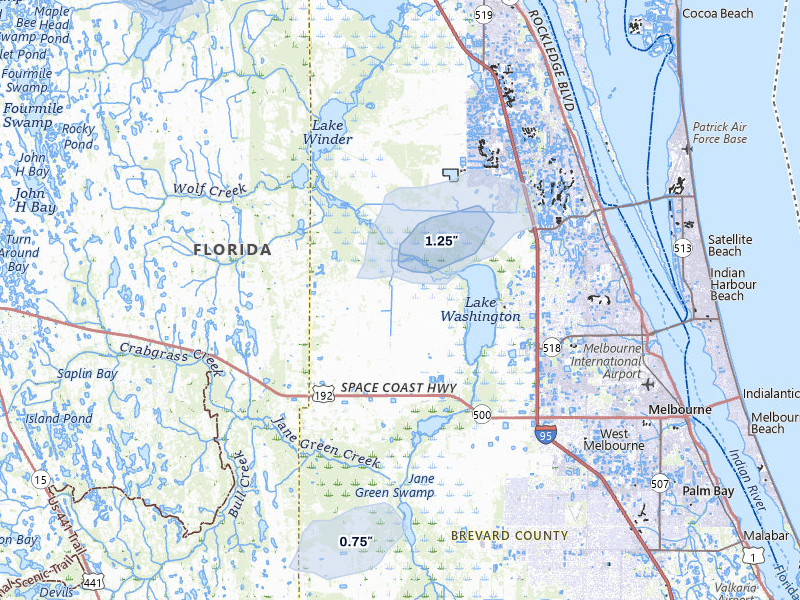 NEXRAD radar-signature map of the hail storm over Melbourne, FL on Aug 25, 2026