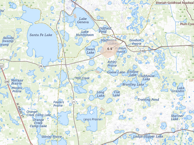 Radar-estimated hail-size map of the storm over Melrose, FL on Aug 5, 2026