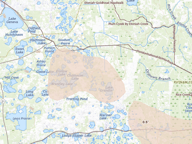 Radar-estimated hail-size map of the storm over Melrose, FL on Aug 18, 2026