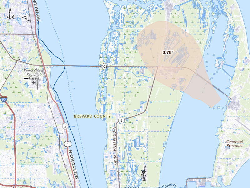 Radar-estimated hail-size map of the storm over Merritt Island, FL on Jul 12, 2026