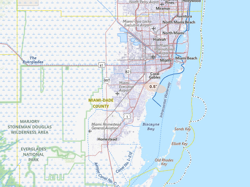 Radar-estimated hail-size map of the storm over Miami, FL on Feb 28, 2026