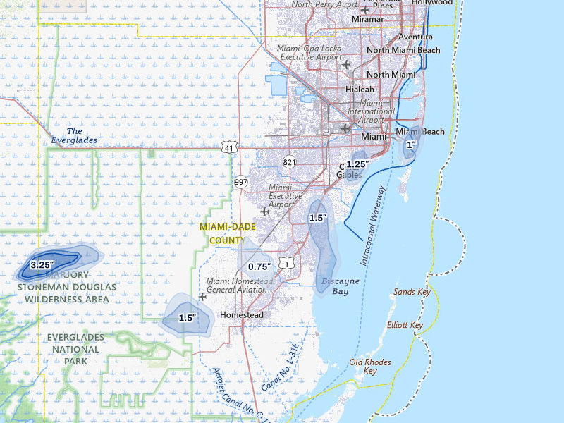 NEXRAD radar-signature map of the hail storm over Miami, FL on Mar 1, 2026