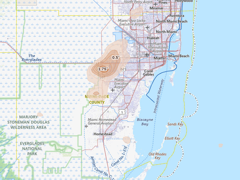 Radar-estimated hail-size map of the storm over Miami, FL on Jun 2, 2026