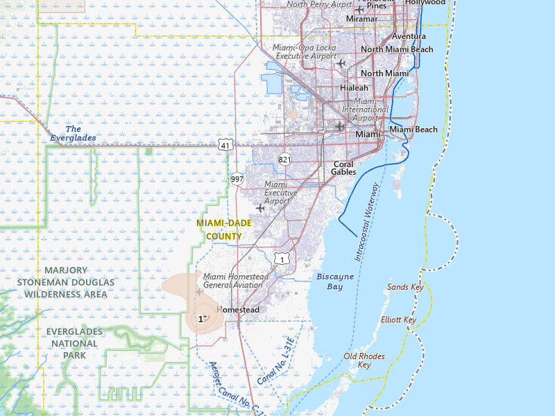 Radar-estimated hail-size map of the storm over Miami, FL on Jul 1, 2026