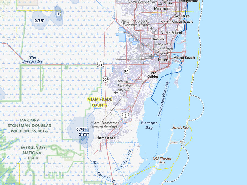 NEXRAD radar-signature map of the hail storm over Miami, FL on Jul 1, 2026