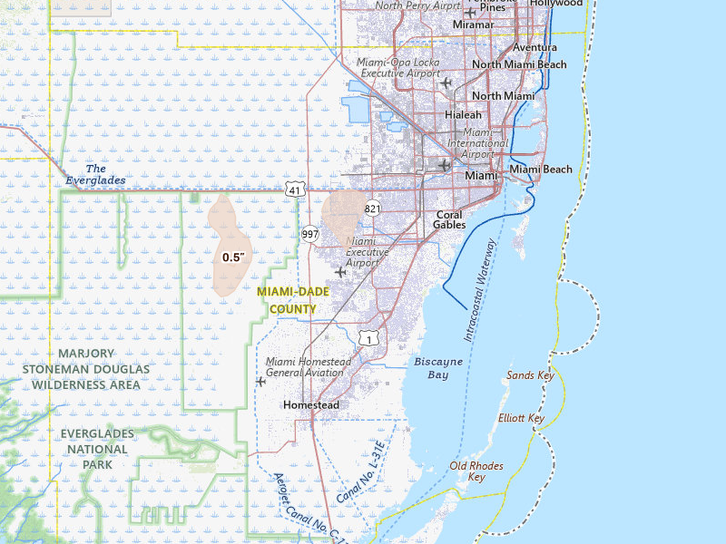 Radar-estimated hail-size map of the storm over Miami, FL on Jul 17, 2026