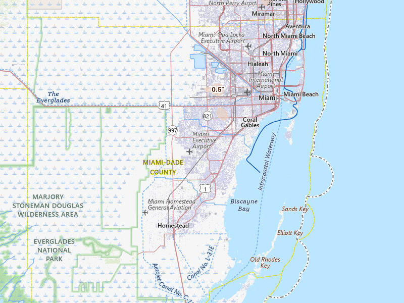 Radar-estimated hail-size map of the storm over Miami, FL on Jul 27, 2026