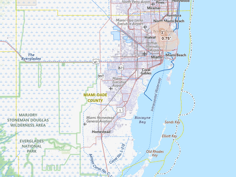 Radar-estimated hail-size map of the storm over Miami, FL on Jul 31, 2026