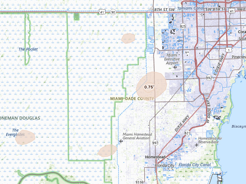 Radar-estimated hail-size map of the storm over Miami, FL on Aug 4, 2026