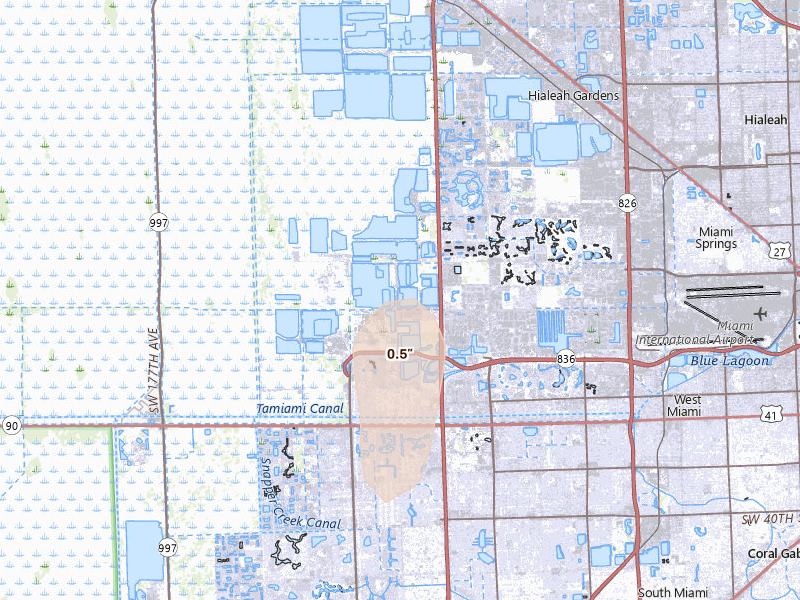 Radar-estimated hail-size map of the storm over Miami, FL on Aug 20, 2026