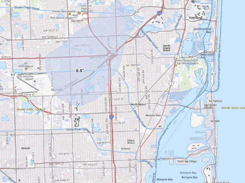 NEXRAD radar-signature map of the hail storm over Miami, FL on Aug 23, 2026
