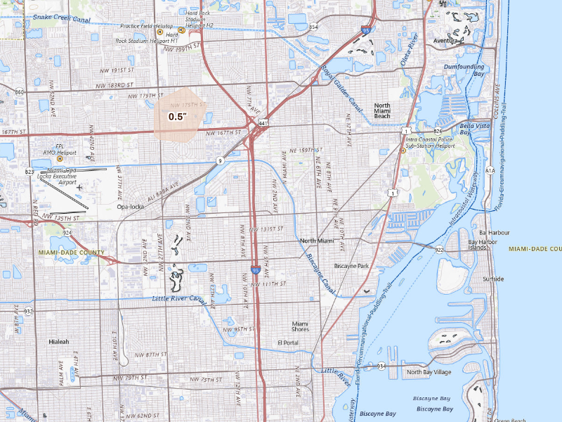 Radar-estimated hail-size map of the storm over Miami, FL